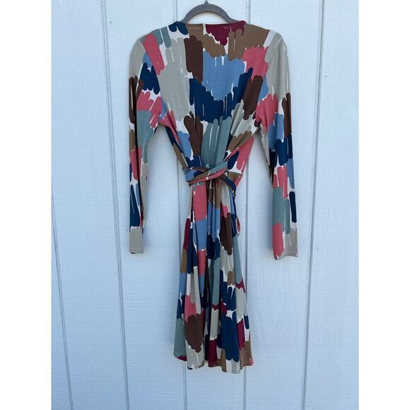 Boden Jersey Short Wrap Dress, Long Sleeve, Colorful Pattern, Size 12R - Picture 2 of 4